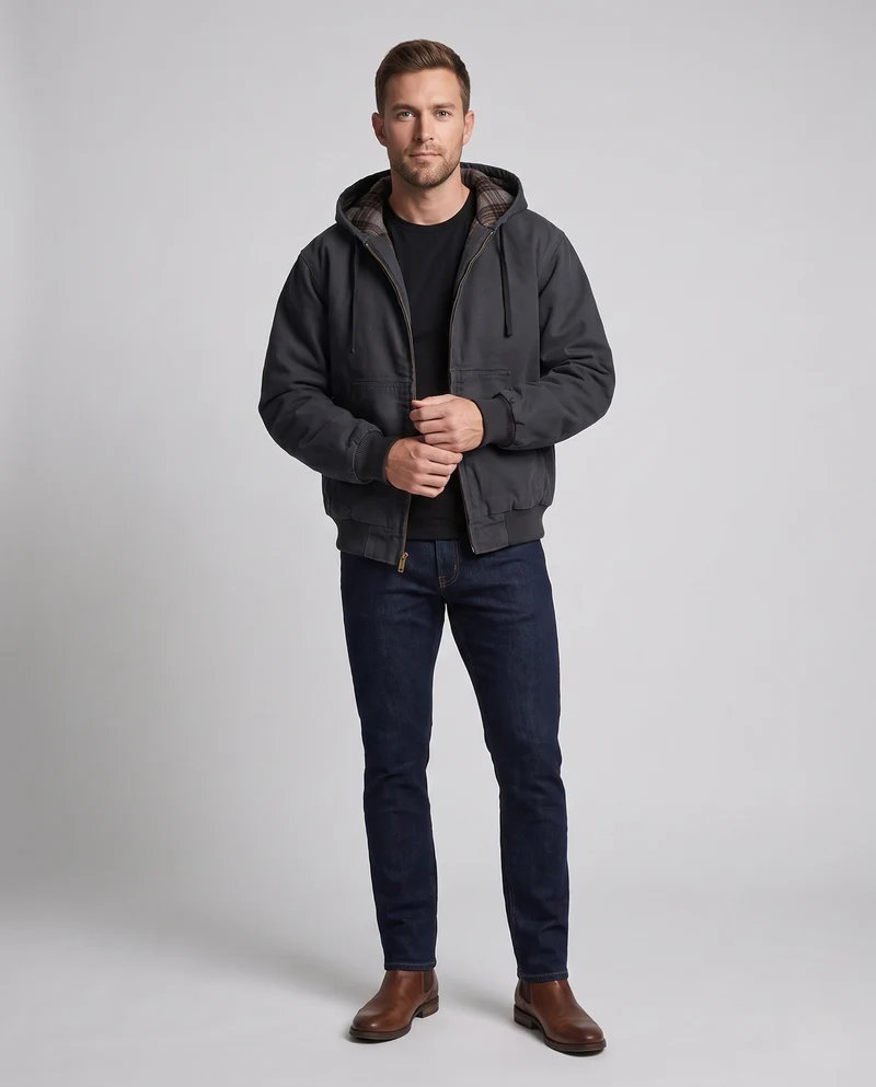 Herren Kapuzen-Bomberjacke aus Canvas mit kariertem Thermofutter und elastischen Bündchen Nord Taschen