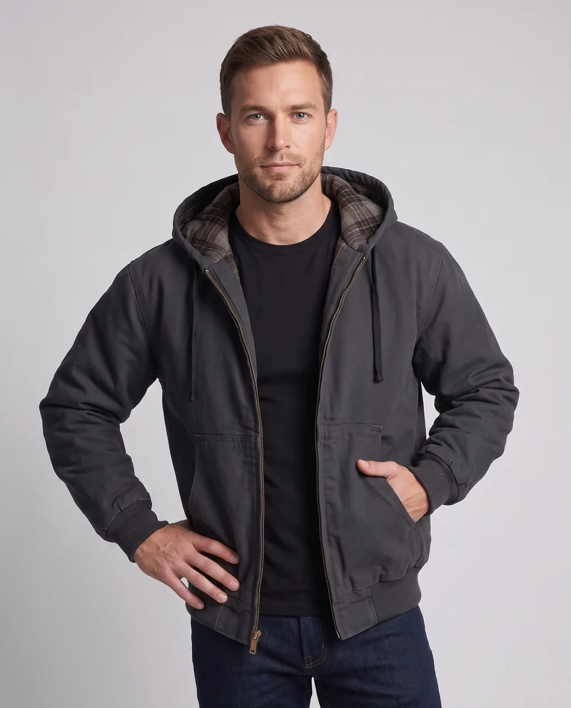 Herren Kapuzen-Bomberjacke aus Canvas mit kariertem Thermofutter und elastischen Bündchen Nord Taschen