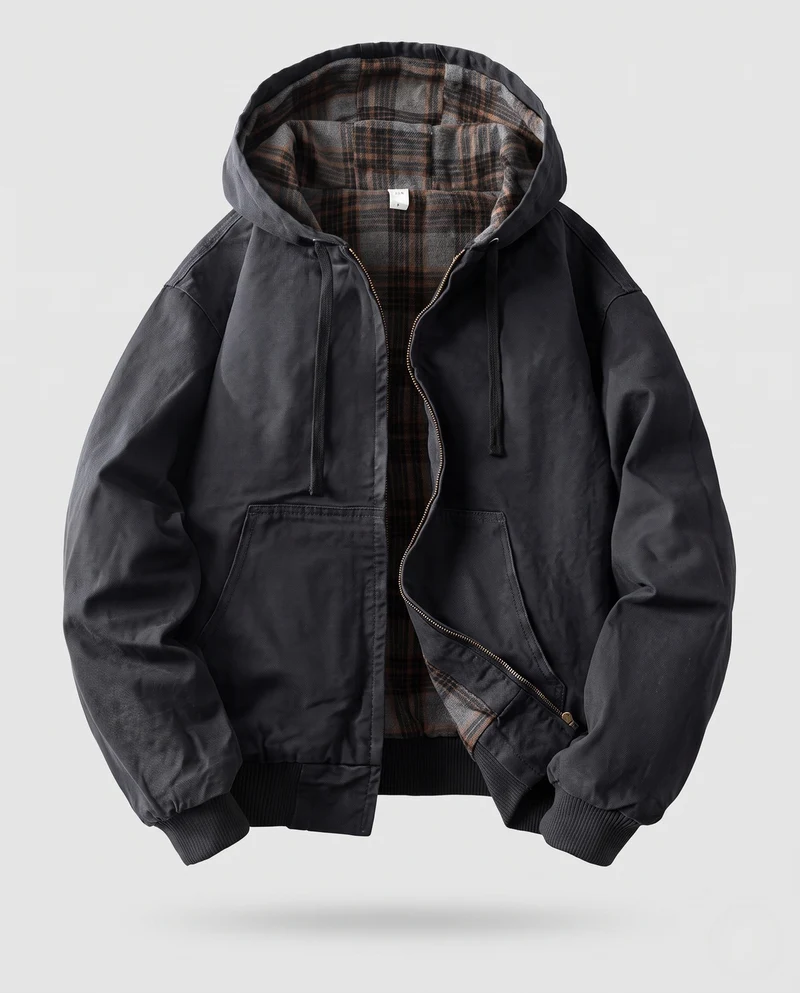 Herren Kapuzen-Bomberjacke aus Canvas mit kariertem Thermofutter und elastischen Bündchen Nord Taschen