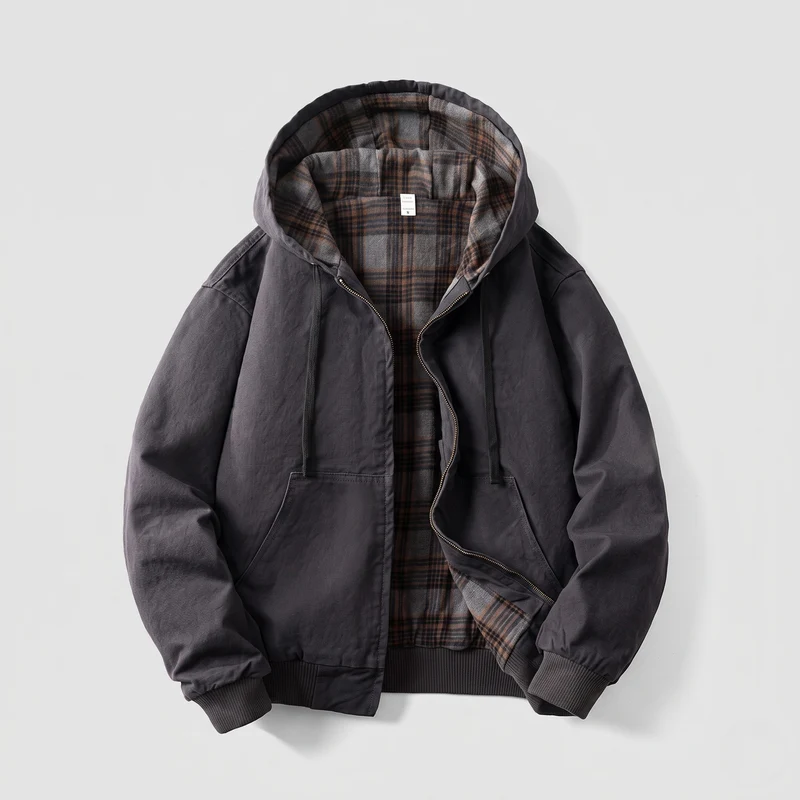 Herren Kapuzen-Bomberjacke aus Canvas mit kariertem Thermofutter und elastischen Bündchen Nord Taschen