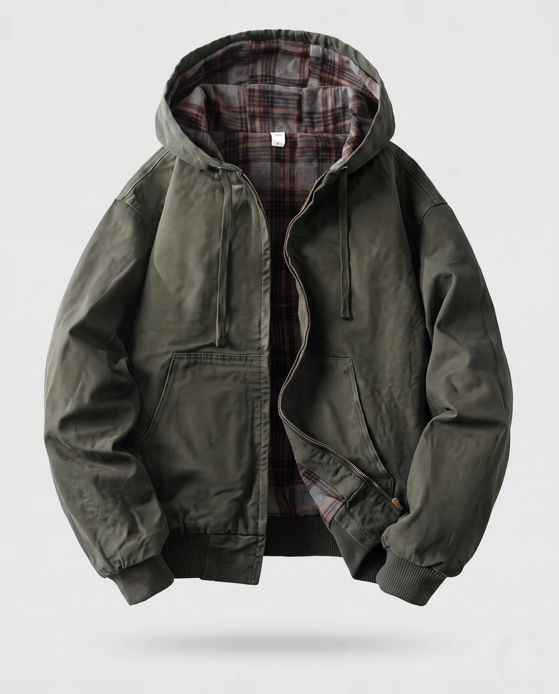 Herren Kapuzen-Bomberjacke aus Canvas mit kariertem Thermofutter und elastischen Bündchen Nord Taschen
