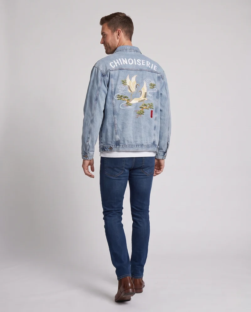 Herren Jeansjacke mit aufwendiger Rückenstickerei und relaxed Trucker‑Schnitt Nord Taschen