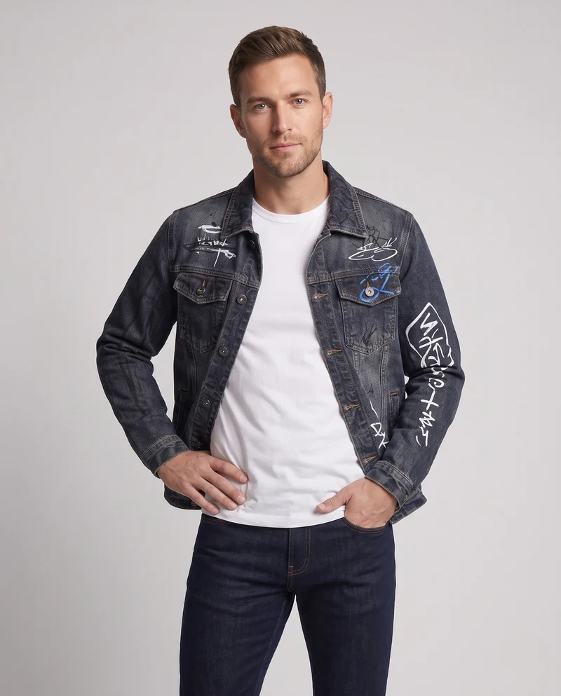 Herren Jeansjacke mit Allover-Graffiti-Print und Vintage-Wash Nord Taschen