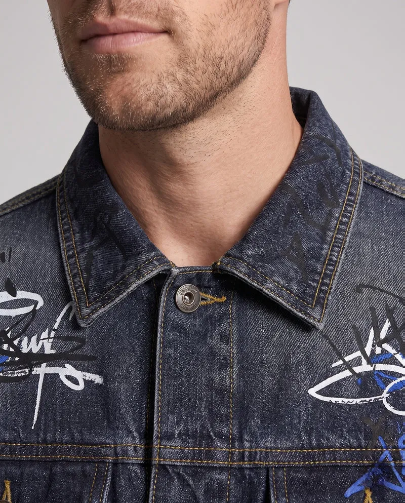 Herren Jeansjacke mit Allover-Graffiti-Print und Vintage-Wash Nord Taschen