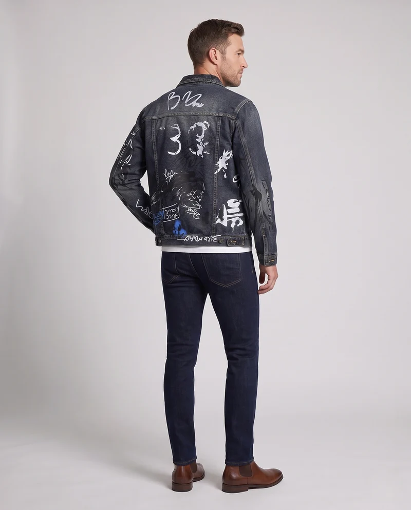 Herren Jeansjacke mit Allover-Graffiti-Print und Vintage-Wash Nord Taschen