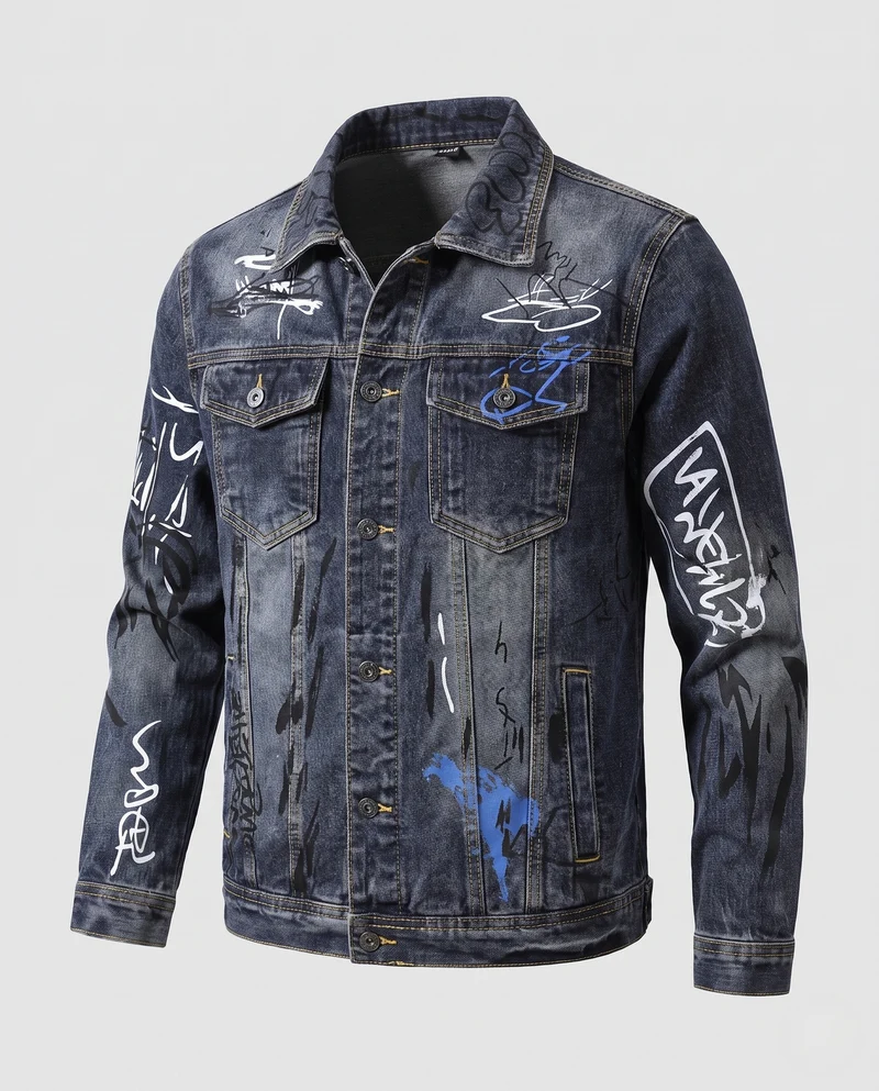 Herren Jeansjacke mit Allover-Graffiti-Print und Vintage-Wash Nord Taschen