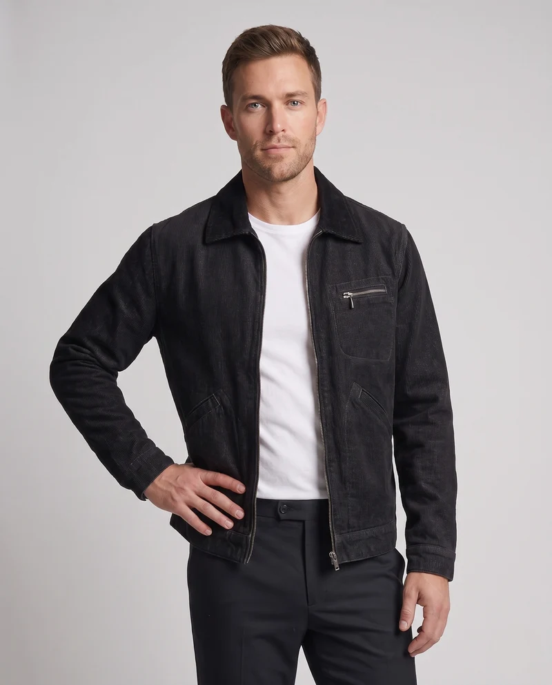 Herren Jeansjacke im Workwear‑Look mit Reißverschluss und Cordkragen Nord Taschen
