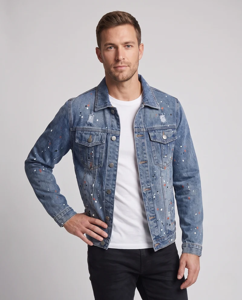 Herren Jeansjacke im Used-Look mit Paint‑Splatter, Destroyed‑Details und klassischem Trucker‑Schnitt Nord Taschen
