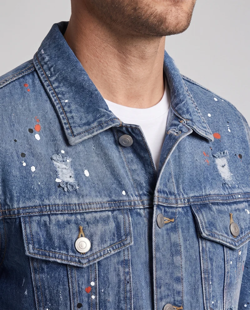 Herren Jeansjacke im Used-Look mit Paint‑Splatter, Destroyed‑Details und klassischem Trucker‑Schnitt Nord Taschen