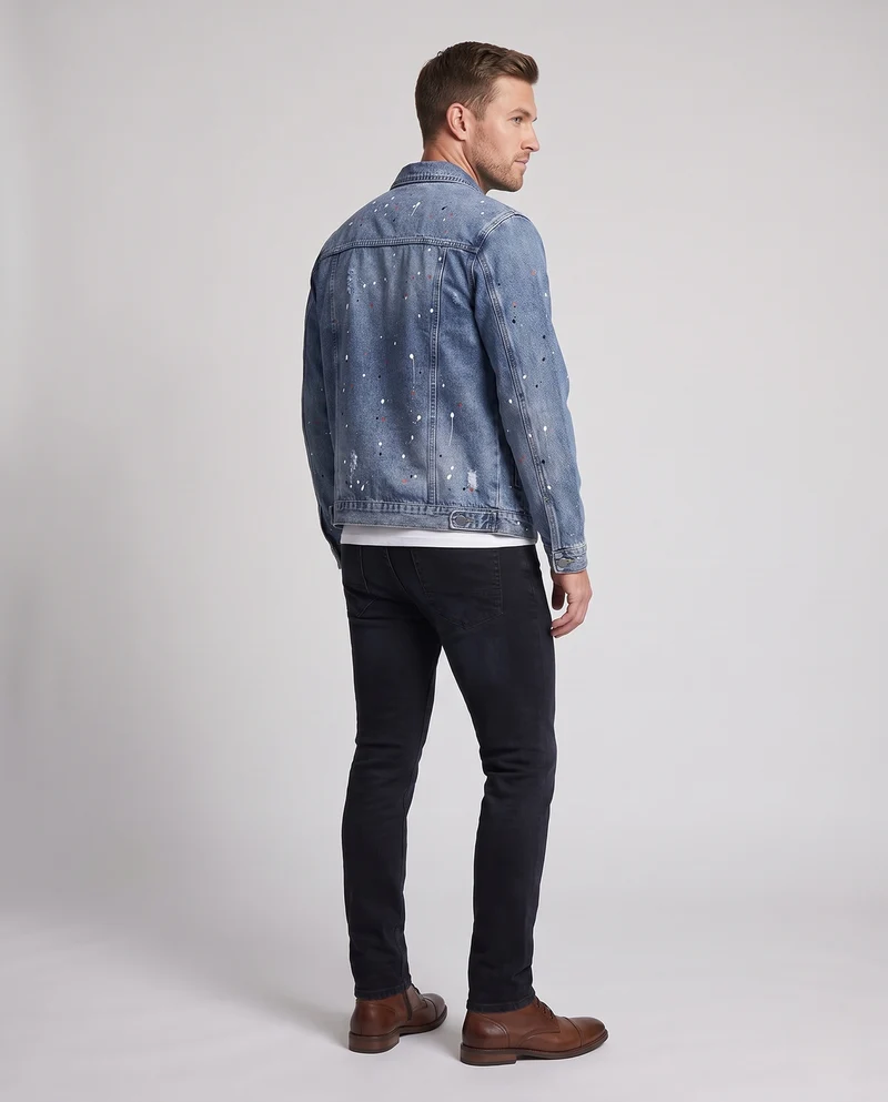 Herren Jeansjacke im Used-Look mit Paint‑Splatter, Destroyed‑Details und klassischem Trucker‑Schnitt Nord Taschen