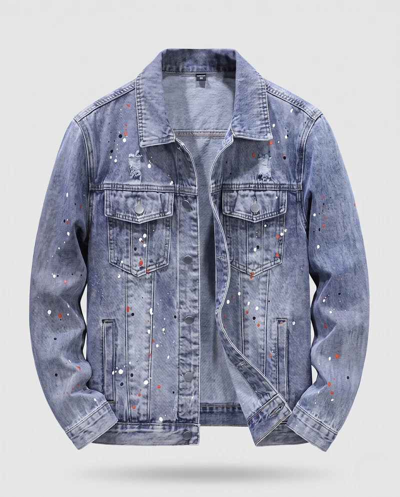 Herren Jeansjacke im Used-Look mit Paint‑Splatter, Destroyed‑Details und klassischem Trucker‑Schnitt Nord Taschen