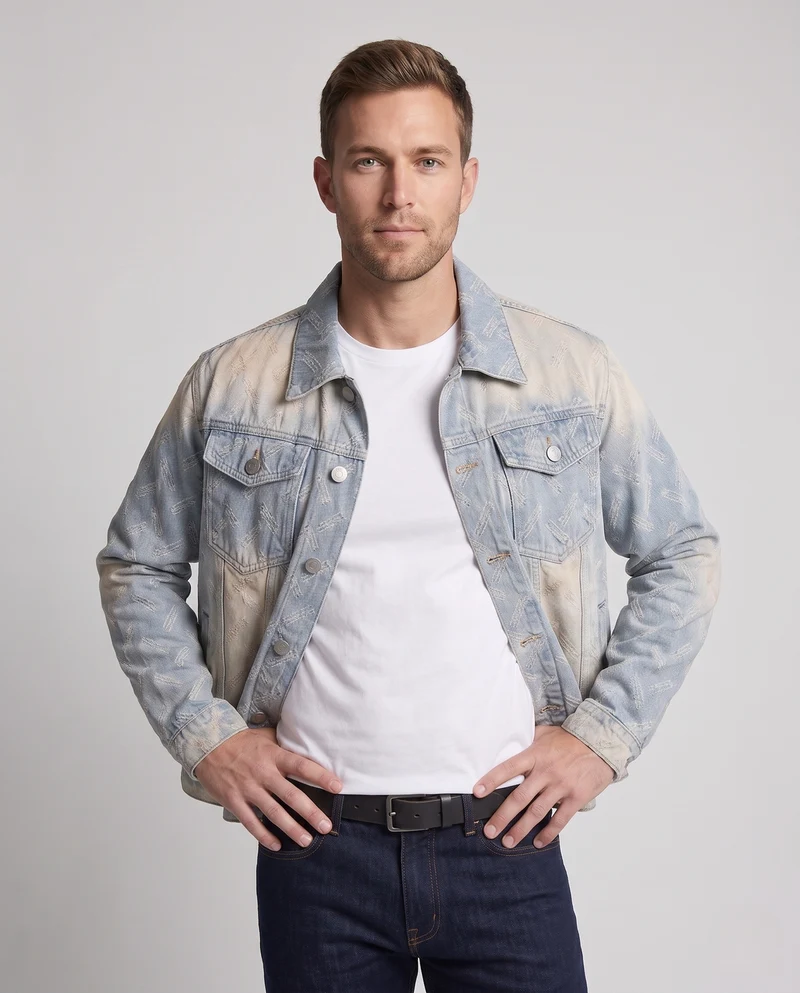 Herren Jeansjacke im Used-Gradient mit geometrischem Logo-Allover und Drop-Shoulder Nord Taschen