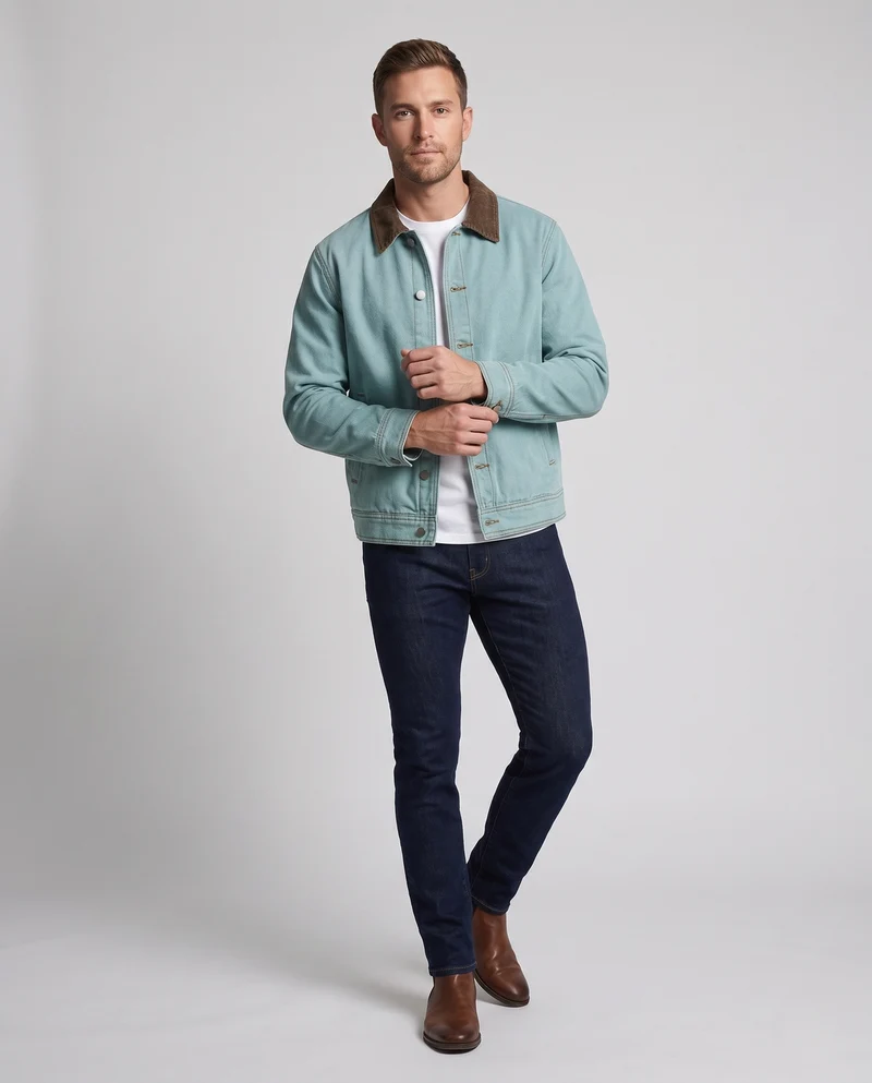 Herren Entspannte Denimjacke mit Kordkragen und Metall‑Druckknöpfen Nord Taschen