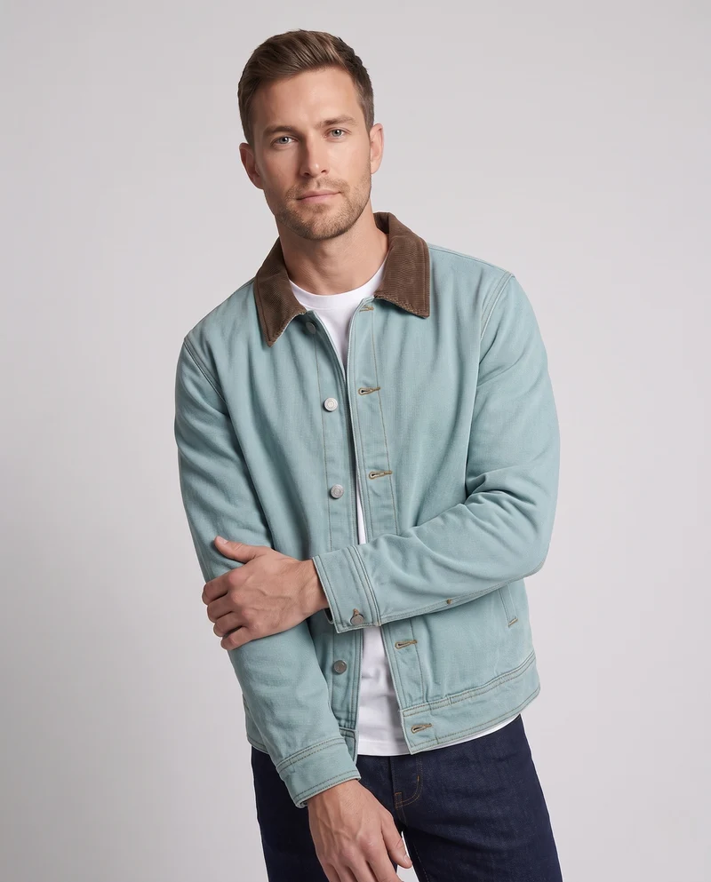 Herren Entspannte Denimjacke mit Kordkragen und Metall‑Druckknöpfen Nord Taschen