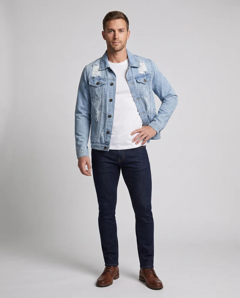 Herren Distressed Denimjacke im Overshirt‑Schnitt mit Brusttaschen Nord Taschen