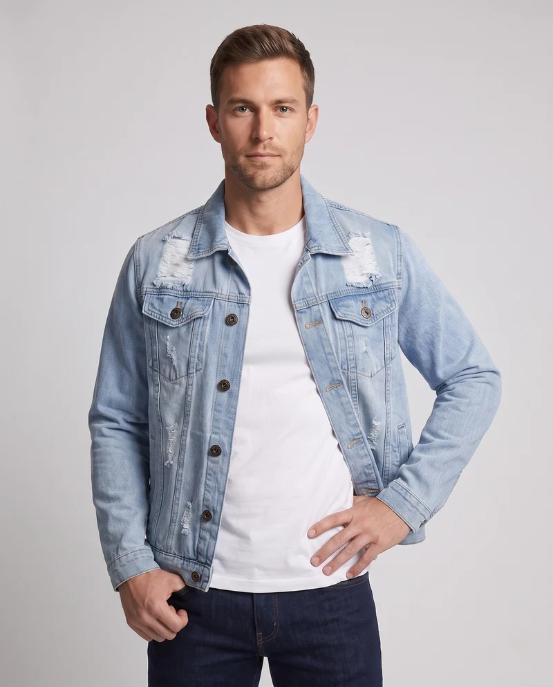 Herren Distressed Denimjacke im Overshirt‑Schnitt mit Brusttaschen Nord Taschen