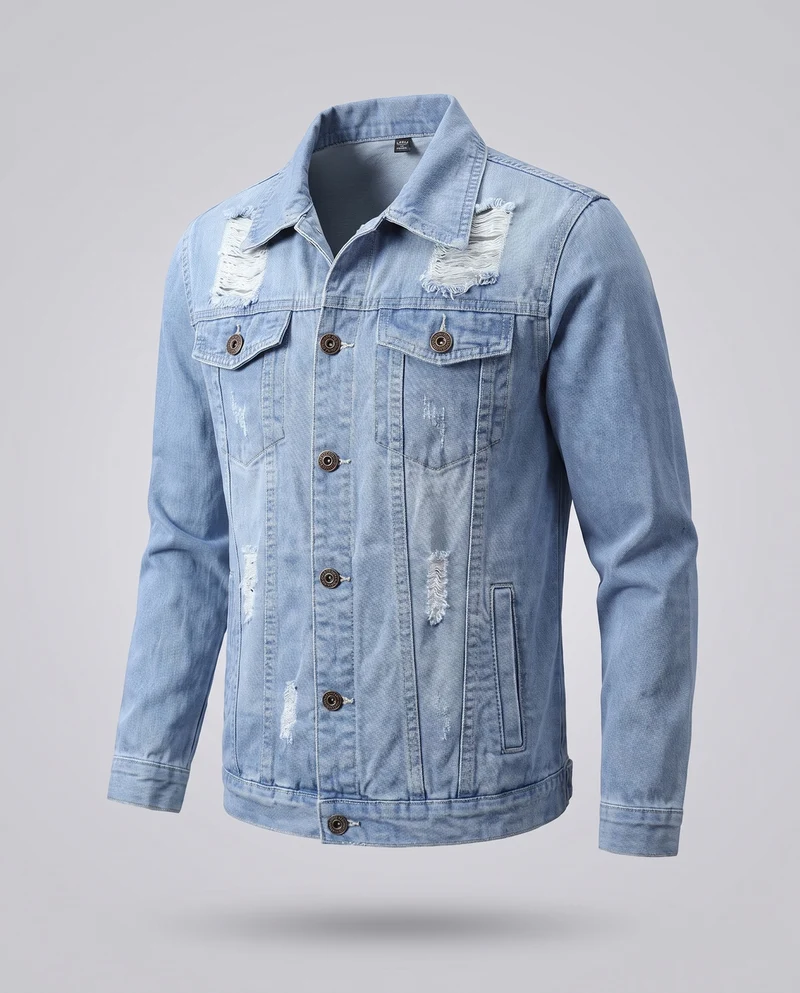Herren Distressed Denimjacke im Overshirt‑Schnitt mit Brusttaschen Nord Taschen