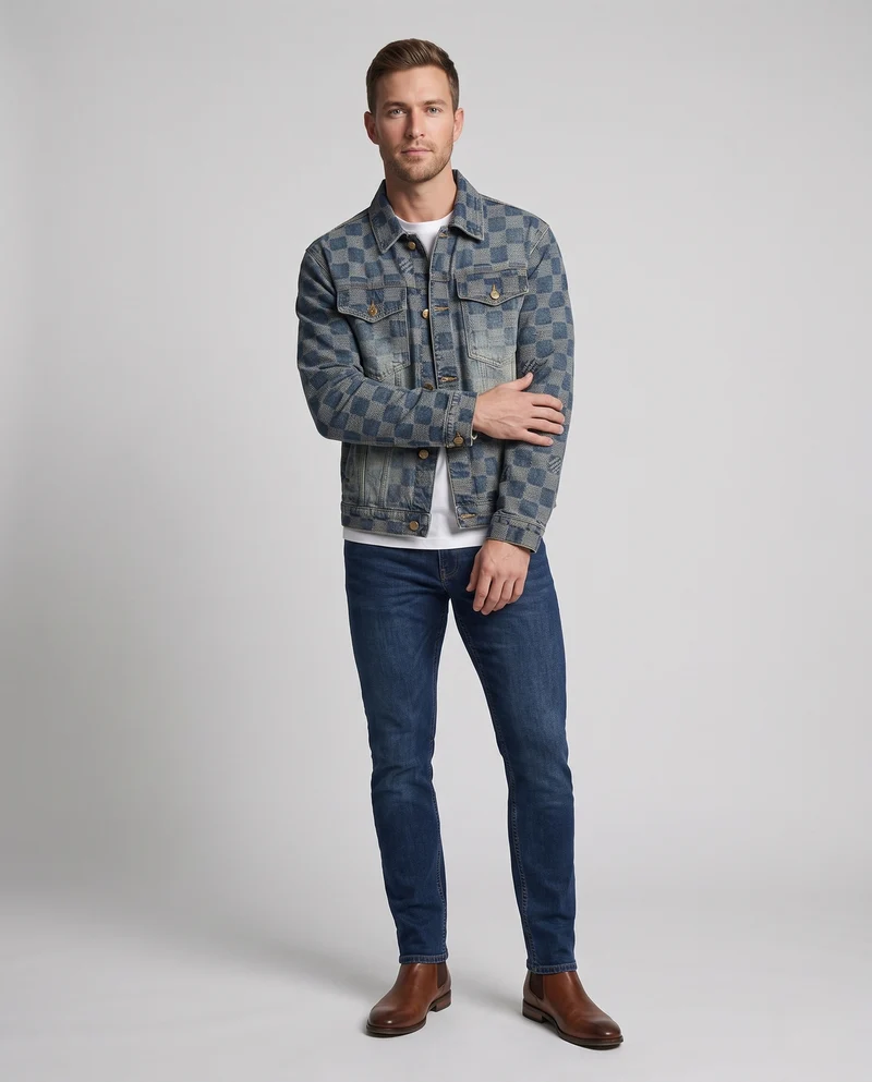 Herren Jeansjacke im Karo‑Checkerboard‑Design mit Overshirt‑Schnitt und goldfarbenen Knöpfen Nord Taschen