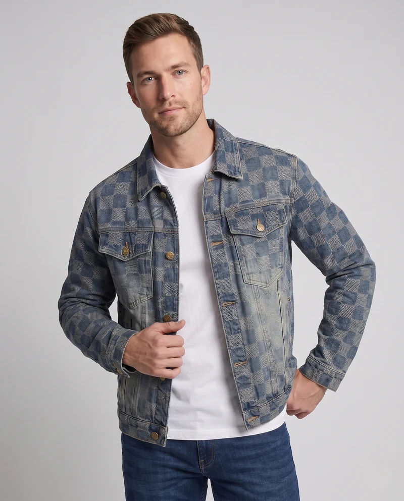 Herren Jeansjacke im Karo‑Checkerboard‑Design mit Overshirt‑Schnitt und goldfarbenen Knöpfen Nord Taschen