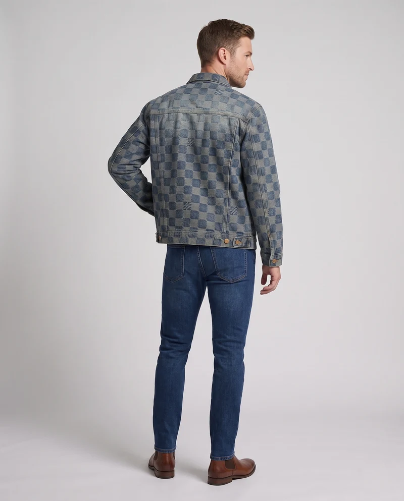 Herren Jeansjacke im Karo‑Checkerboard‑Design mit Overshirt‑Schnitt und goldfarbenen Knöpfen Nord Taschen