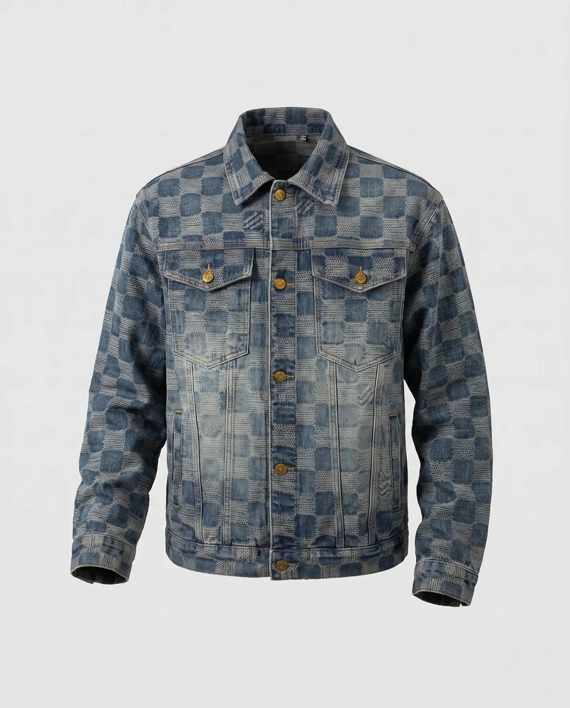 Herren Jeansjacke im Karo‑Checkerboard‑Design mit Overshirt‑Schnitt und goldfarbenen Knöpfen Nord Taschen