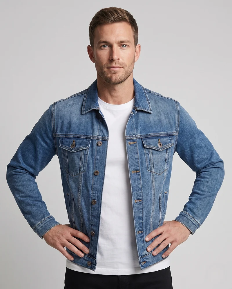 Herren Jeansjacke aus Baumwollmix mit Used‑Waschung, Brustklappen und Einschubtaschen Nord Taschen