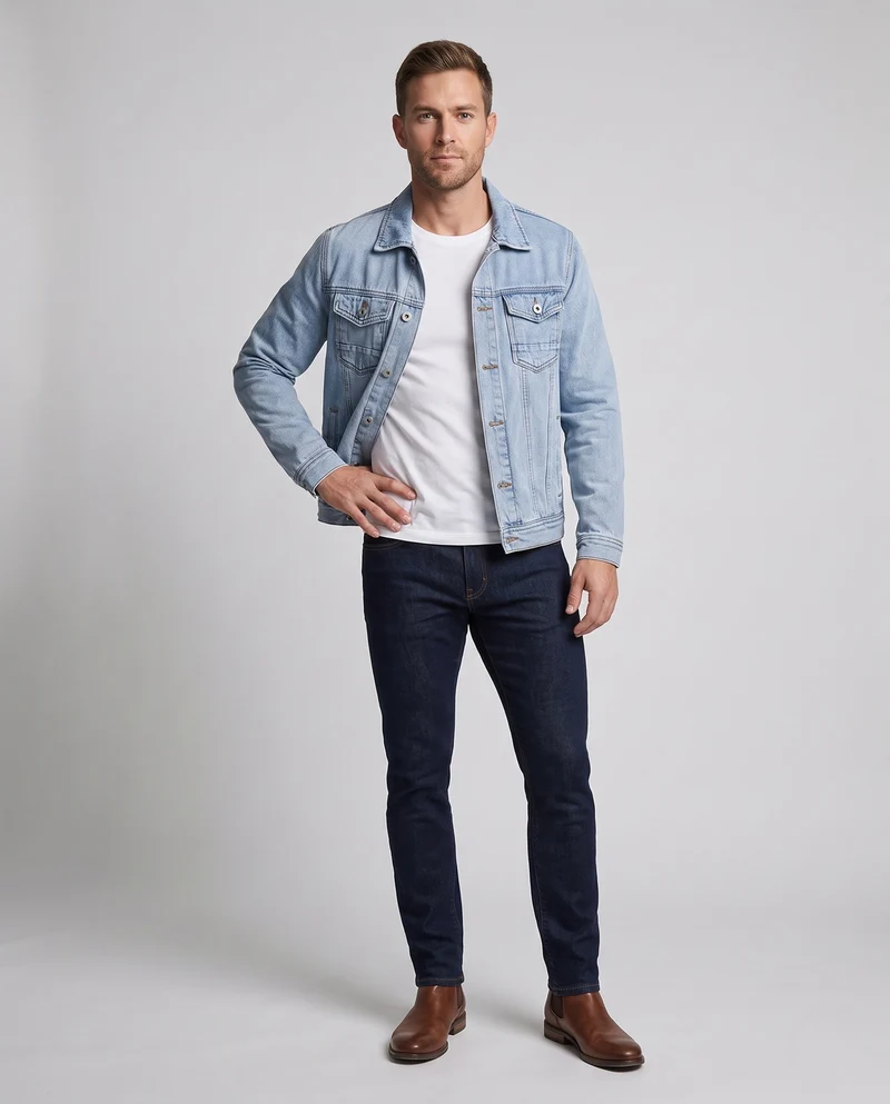 Herren Jeans-Workerjacke aus Baumwollmix mit doppelten Brustpatten, geradem Schnitt und robusten Ziernähten Nord Taschen