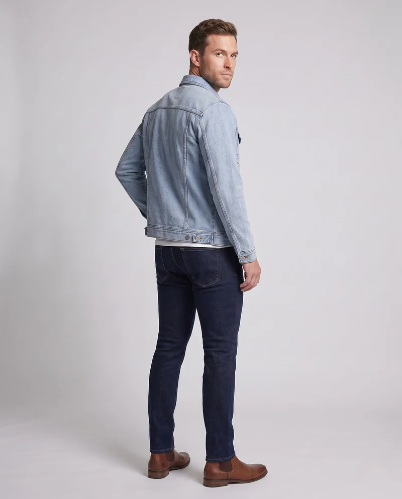 Herren Jeans-Workerjacke aus Baumwollmix mit doppelten Brustpatten, geradem Schnitt und robusten Ziernähten Nord Taschen