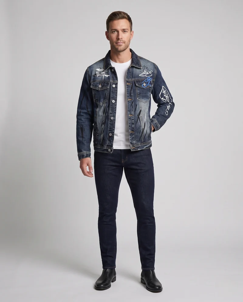 Herren Graffiti-Print Denimjacke im Trucker-Schnitt mit Used-Effekt Nord Taschen
