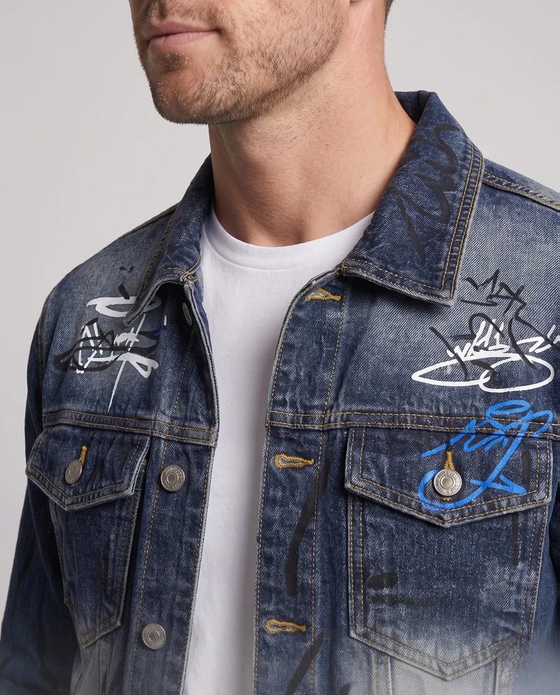 Herren Graffiti-Print Denimjacke im Trucker-Schnitt mit Used-Effekt Nord Taschen