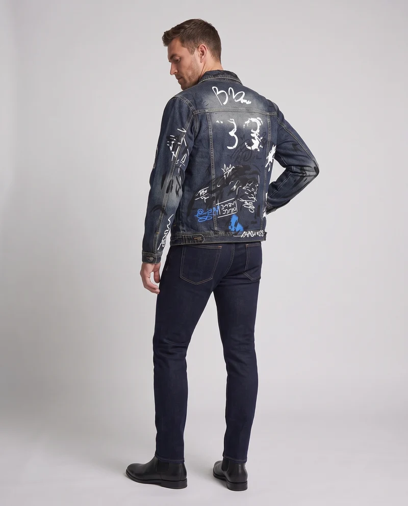 Herren Graffiti-Print Denimjacke im Trucker-Schnitt mit Used-Effekt Nord Taschen