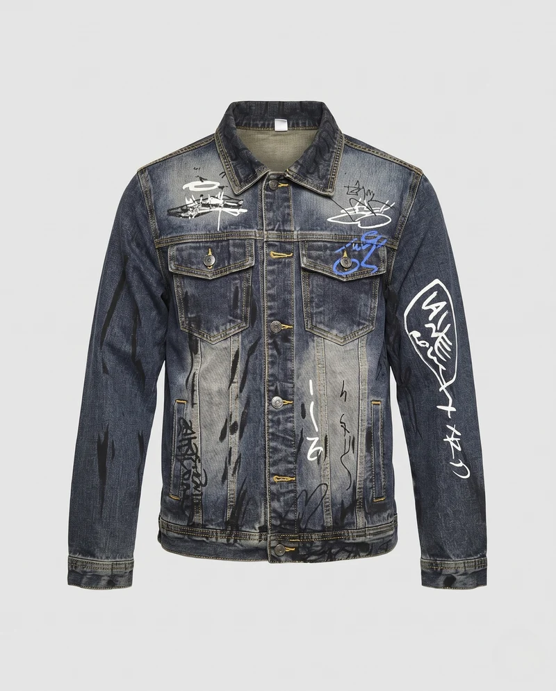 Herren Graffiti-Print Denimjacke im Trucker-Schnitt mit Used-Effekt Nord Taschen