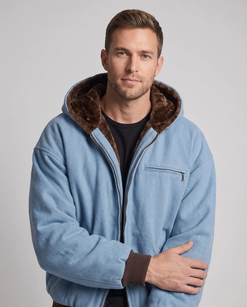 Herren Gefütterte Oversized-Denim-Hoodiejacke mit Teddyfutter und Rippbündchen Nord Taschen