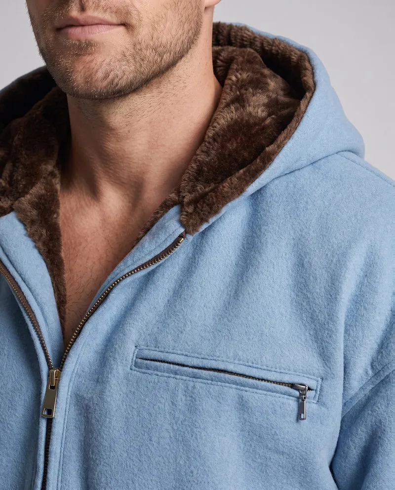 Herren Gefütterte Oversized-Denim-Hoodiejacke mit Teddyfutter und Rippbündchen Nord Taschen