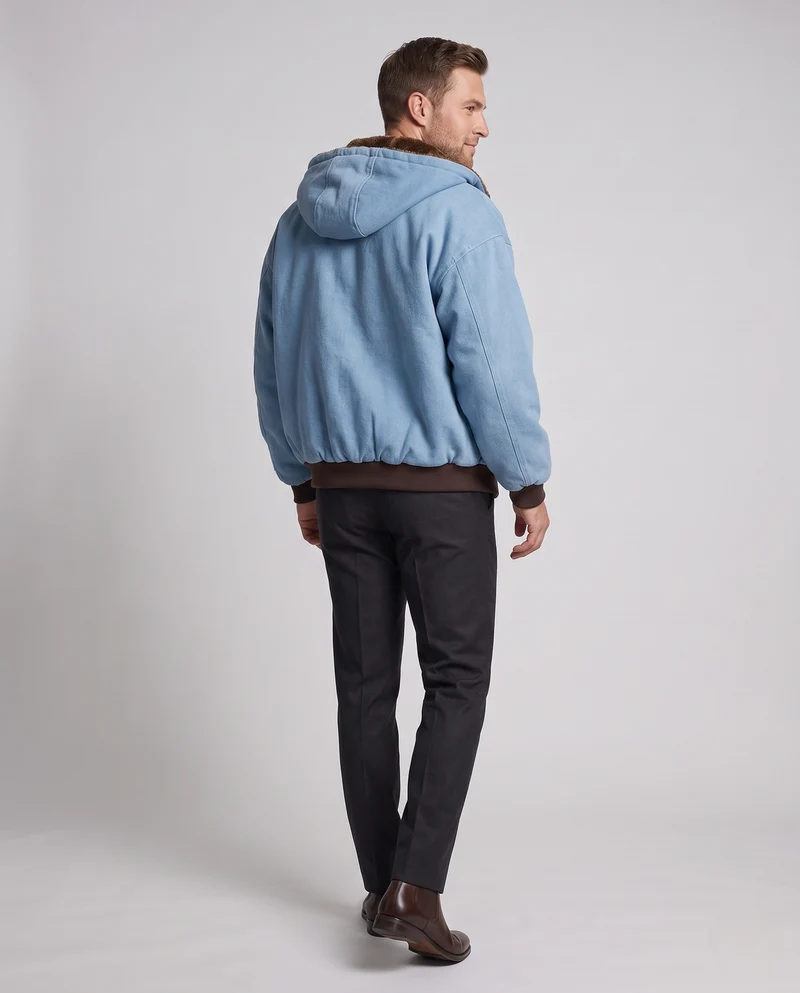 Herren Gefütterte Oversized-Denim-Hoodiejacke mit Teddyfutter und Rippbündchen Nord Taschen
