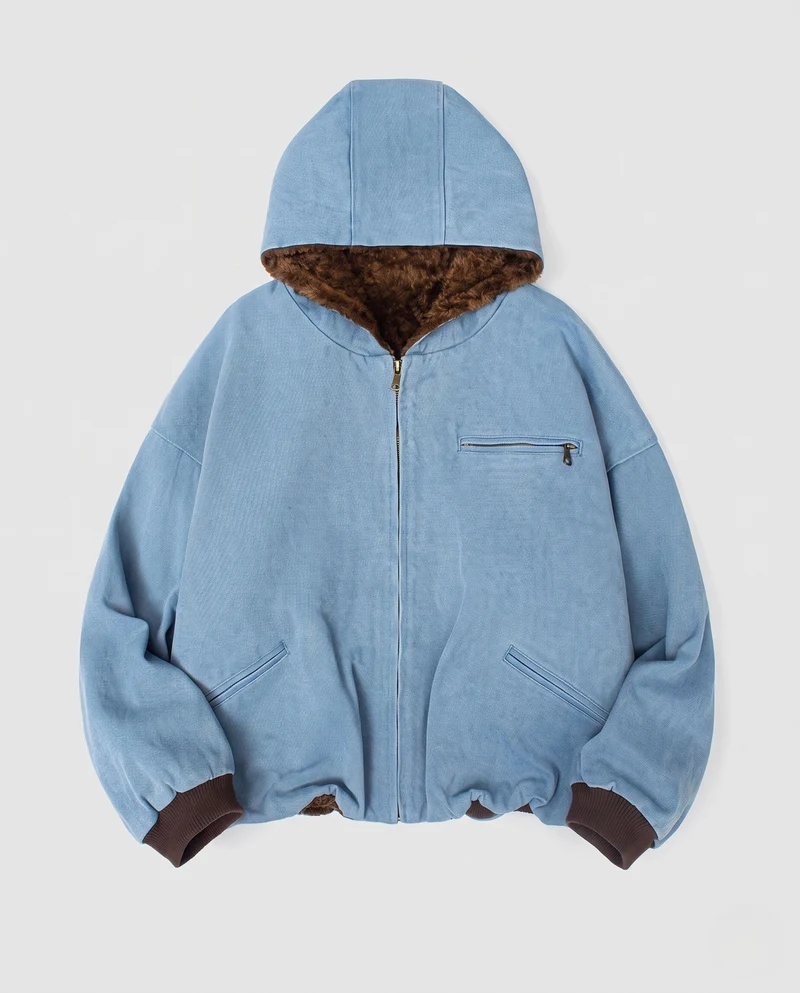 Herren Gefütterte Oversized-Denim-Hoodiejacke mit Teddyfutter und Rippbündchen Nord Taschen