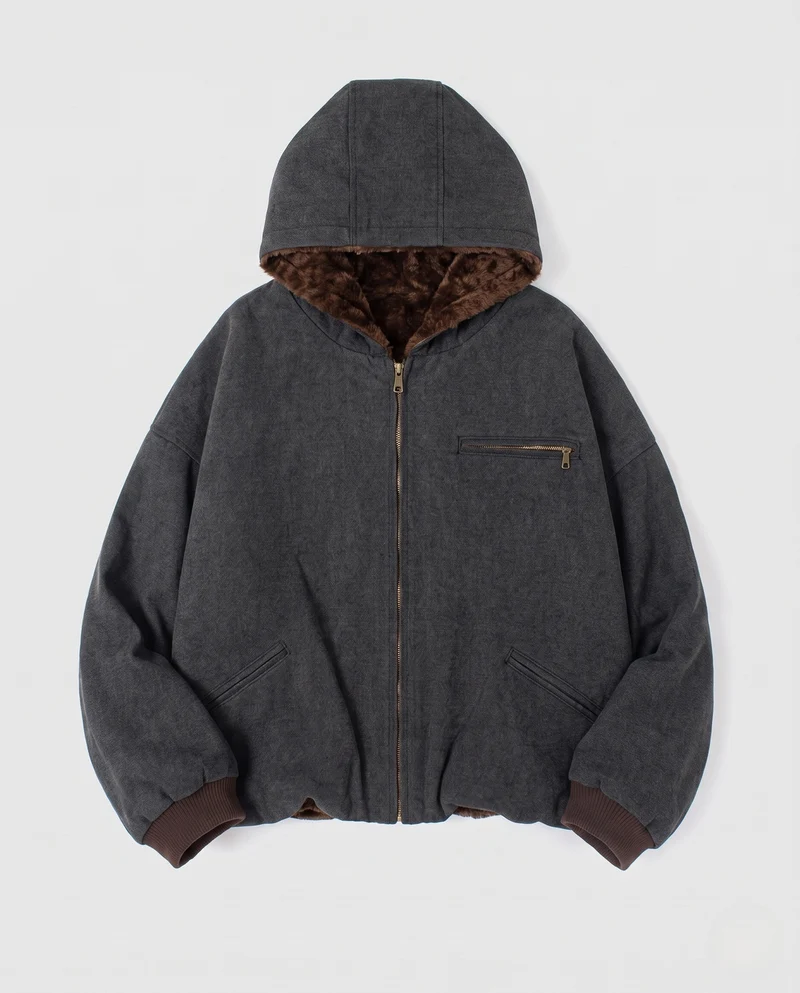 Herren Gefütterte Oversized-Denim-Hoodiejacke mit Teddyfutter und Rippbündchen Nord Taschen