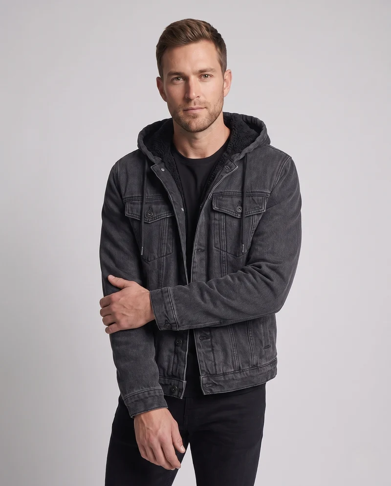 Herren Gefütterte Denimjacke mit Sherpa‑Futter, angenähter Kapuze und Brusttaschen Nord Taschen