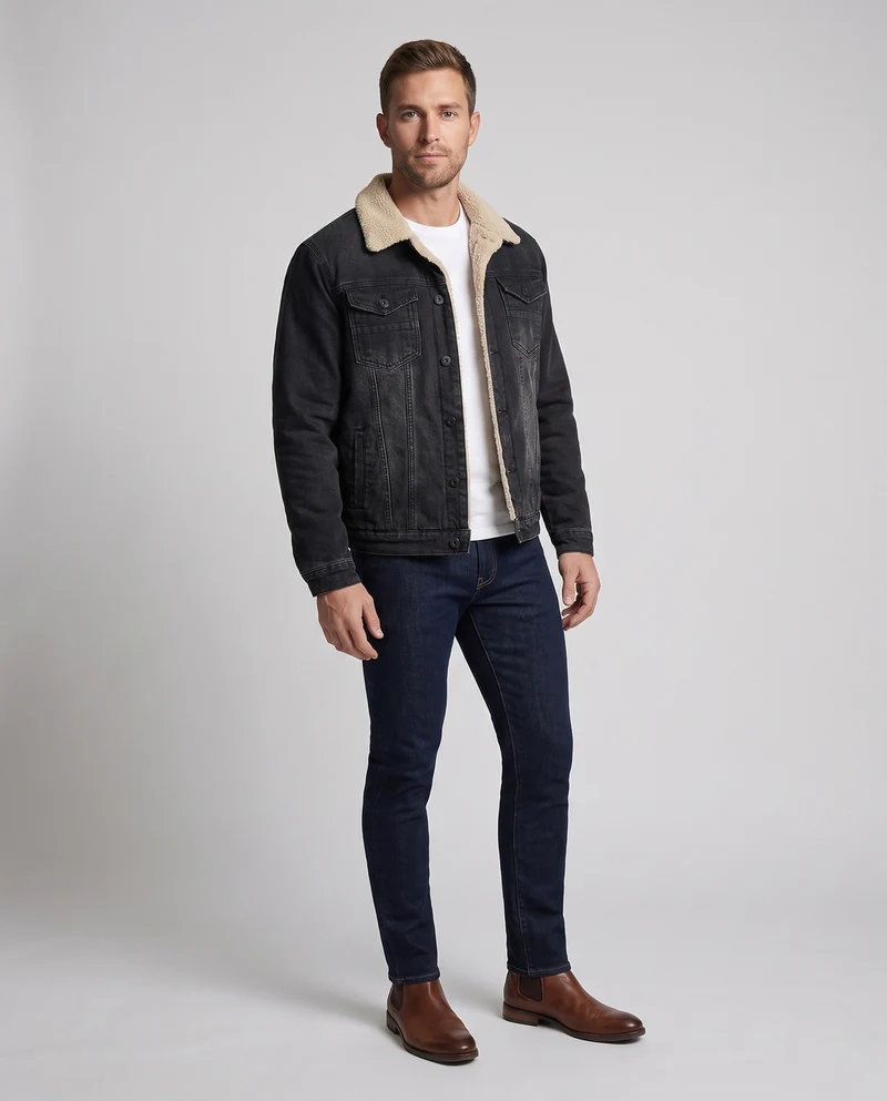 Herren Gefütterte Denim-Truckerjacke mit Teddyfutter und tailliertem Schnitt Nord Taschen