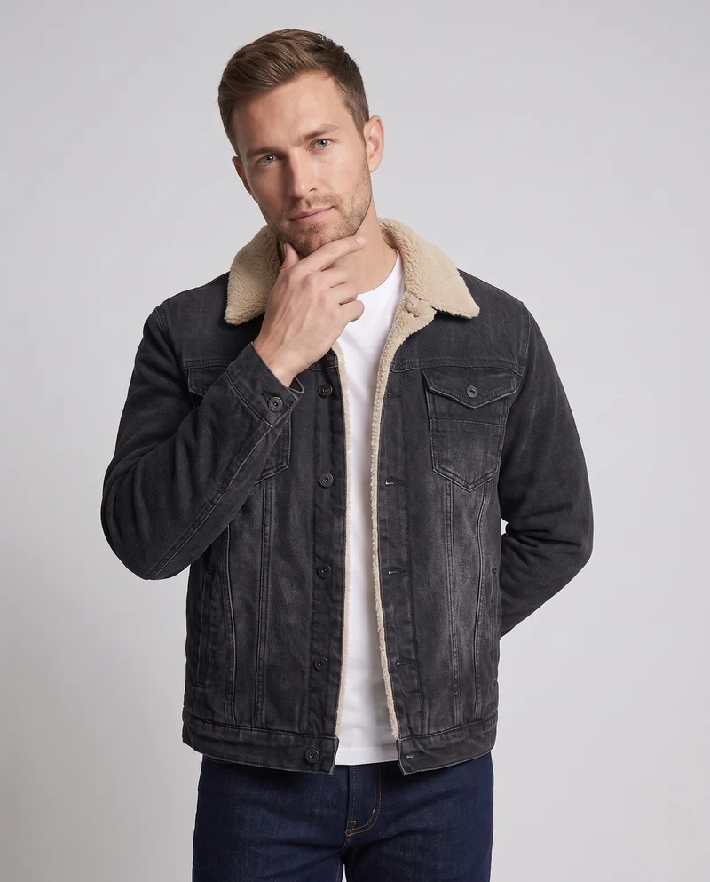 Herren Gefütterte Denim-Truckerjacke mit Teddyfutter und tailliertem Schnitt Nord Taschen