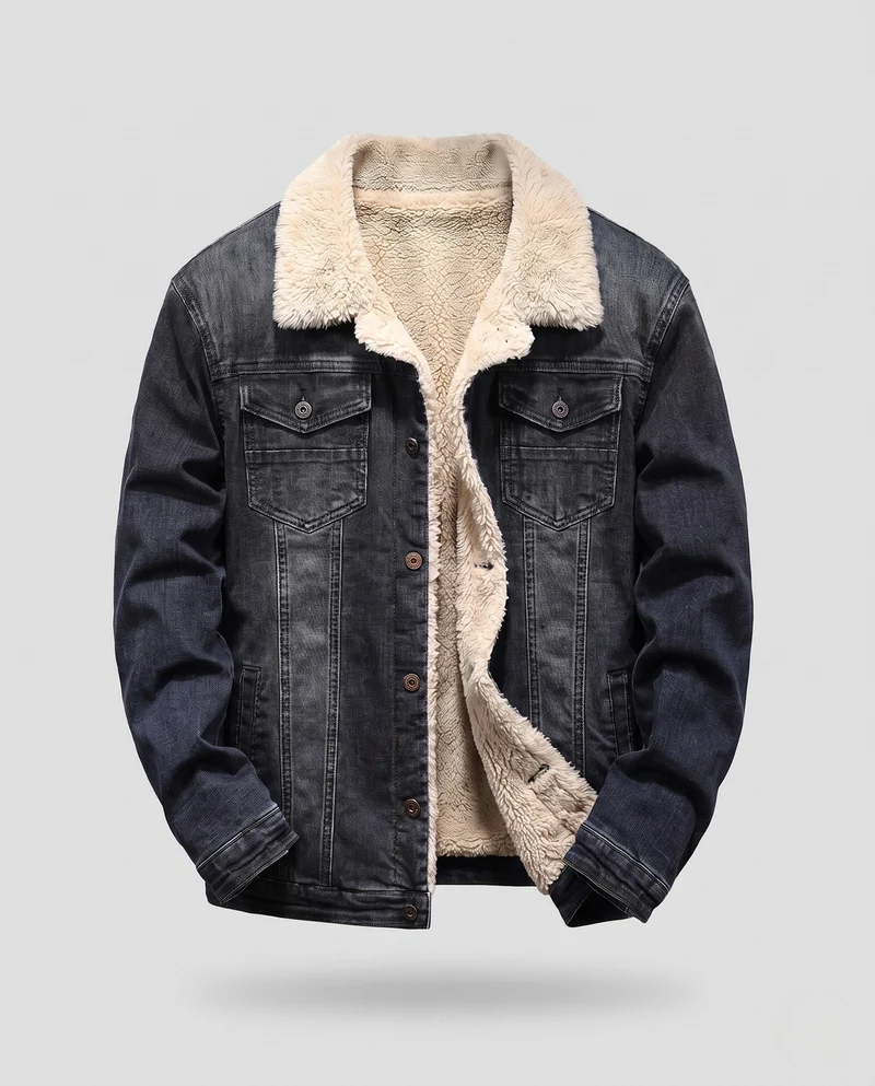 Herren Gefütterte Denim-Truckerjacke mit Teddyfutter und tailliertem Schnitt Nord Taschen