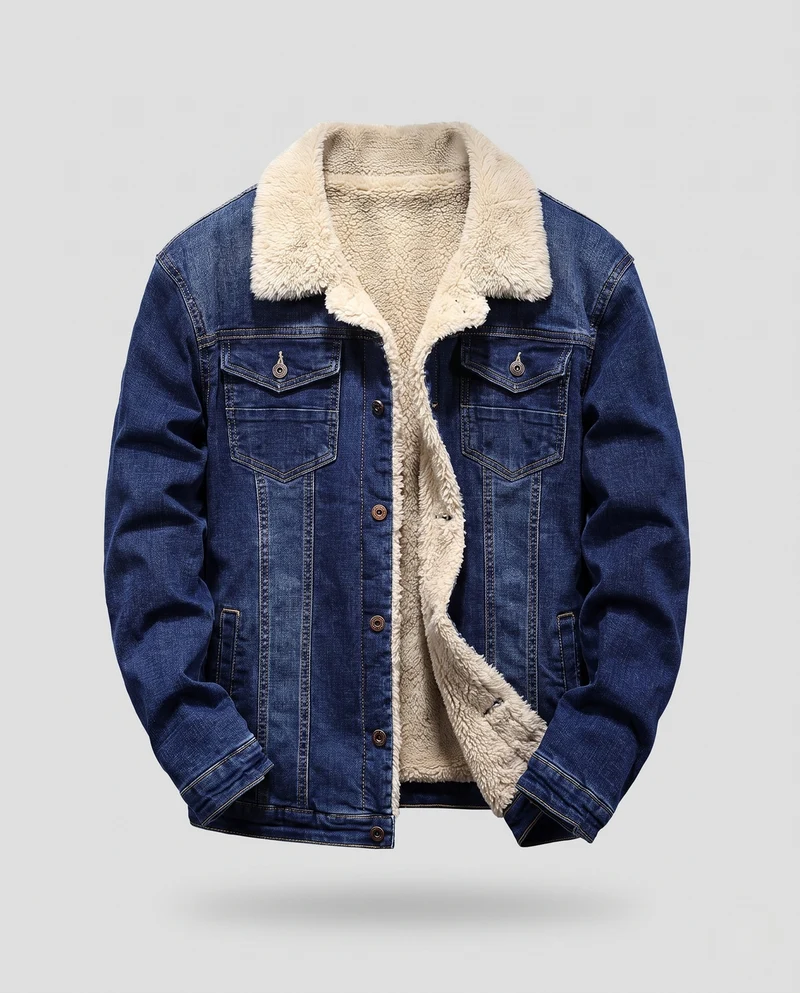 Herren Gefütterte Denim-Truckerjacke mit Teddyfutter und tailliertem Schnitt Nord Taschen