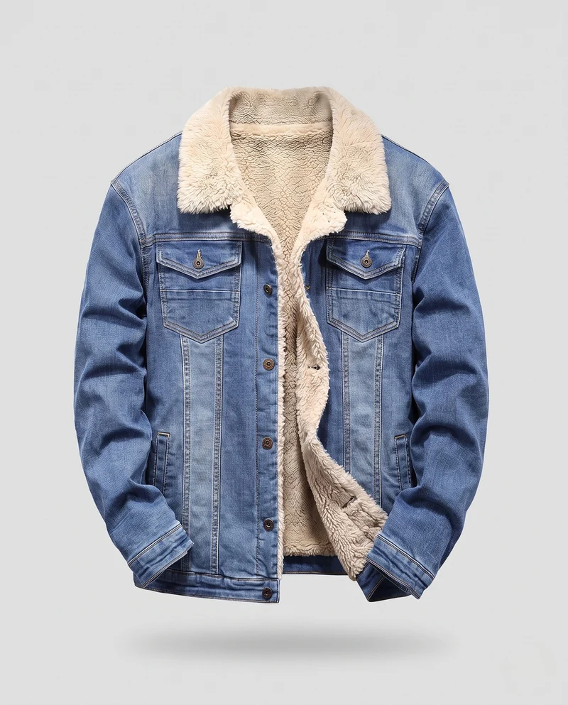 Herren Gefütterte Denim-Truckerjacke mit Teddyfutter und tailliertem Schnitt Nord Taschen