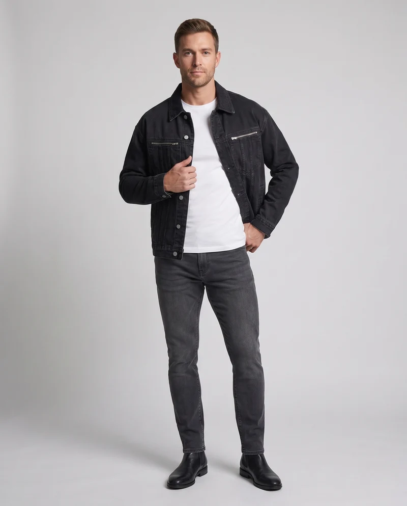 Herren Denimjacke mit Reißverschluss-Brusttaschen, Zipper-Ärmeln und legerer Passform Nord Taschen