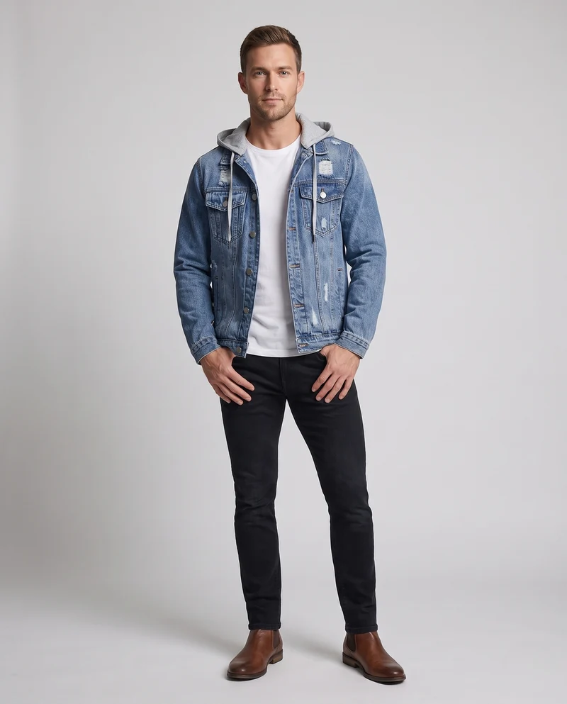 Herren Denimjacke mit angenähter Jersey-Kapuze, leichtem Used‑Effekt und Brusttaschen Nord Taschen