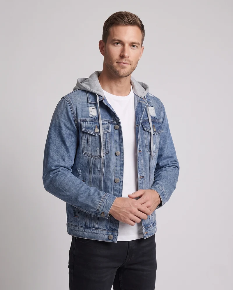 Herren Denimjacke mit angenähter Jersey-Kapuze, leichtem Used‑Effekt und Brusttaschen Nord Taschen