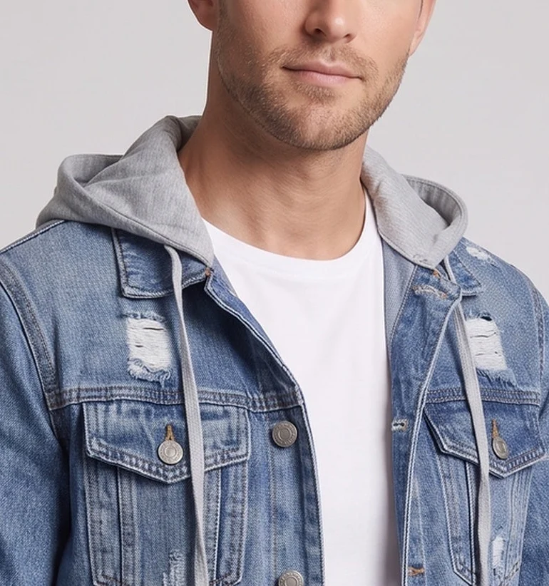 Herren Denimjacke mit angenähter Jersey-Kapuze, leichtem Used‑Effekt und Brusttaschen Nord Taschen