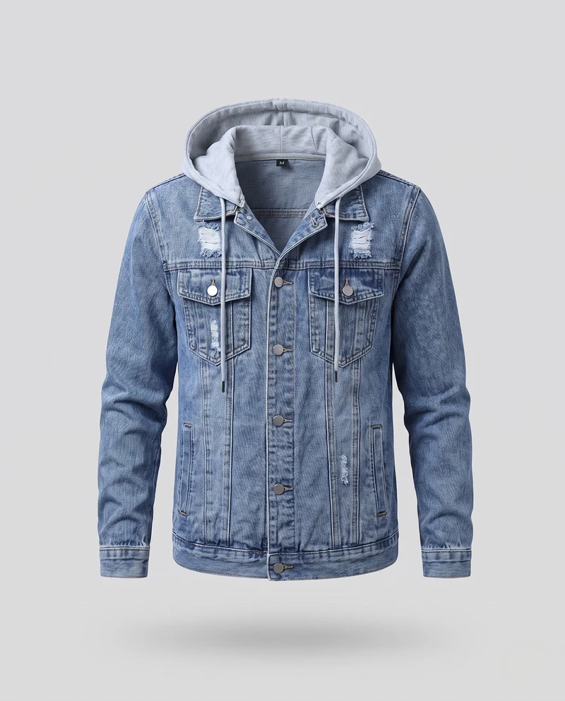 Herren Denimjacke mit angenähter Jersey-Kapuze, leichtem Used‑Effekt und Brusttaschen Nord Taschen