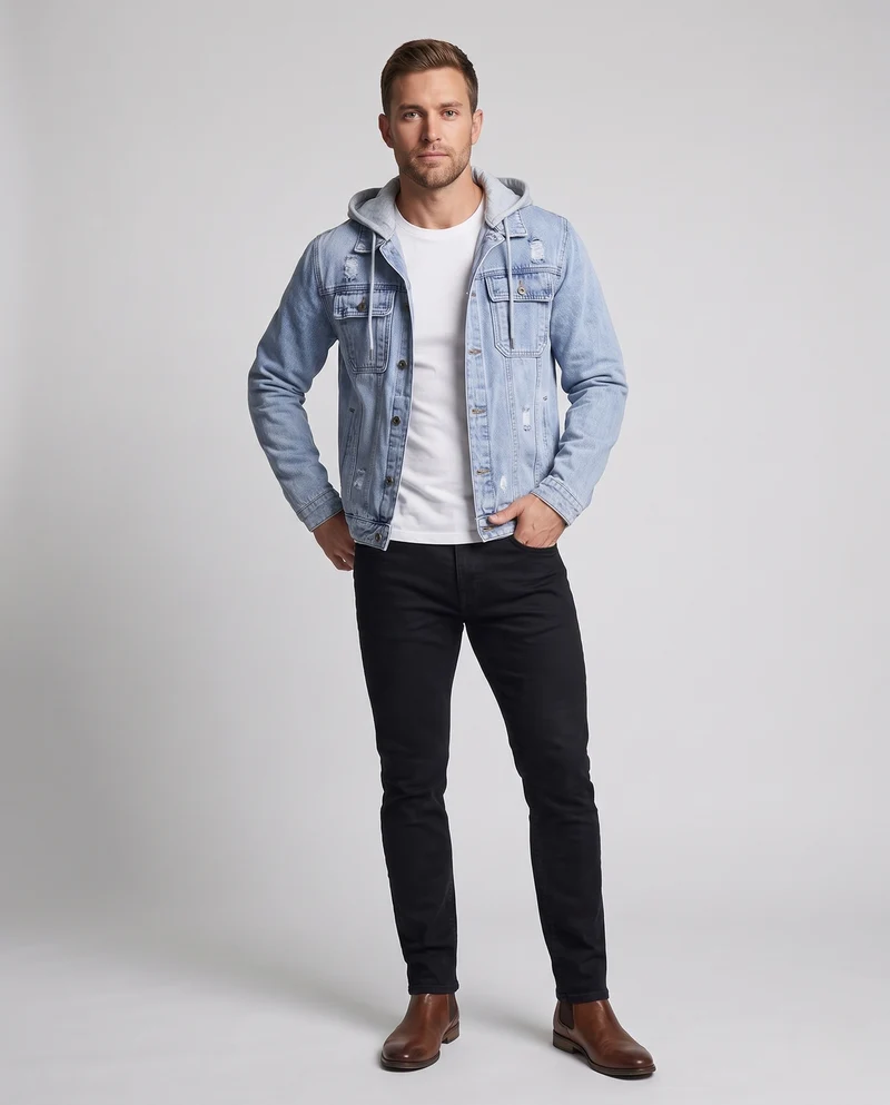 Herren Denimjacke mit angenähter Jersey-Kapuze im Layering-Look und leichter Used-Optik Nord Taschen