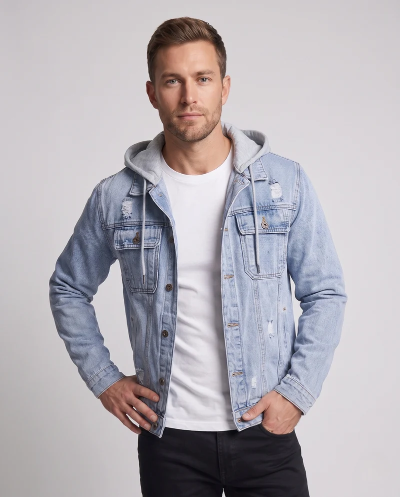 Herren Denimjacke mit angenähter Jersey-Kapuze im Layering-Look und leichter Used-Optik Nord Taschen